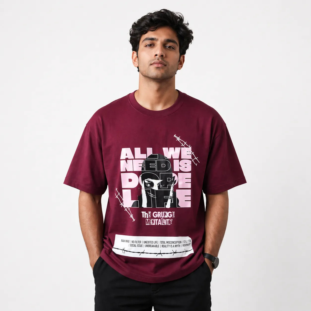 DOPE LIFE - Maroon Oversized T-Shirt